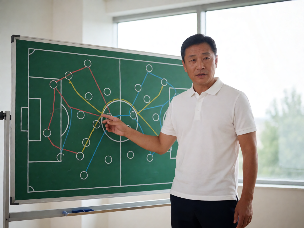 战术分析专题：教练在战术板前讲解球队阵型与进攻策略