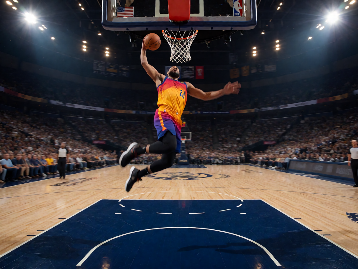 NBA总决赛赛场，球星在篮球场上展现精彩扣篮瞬间